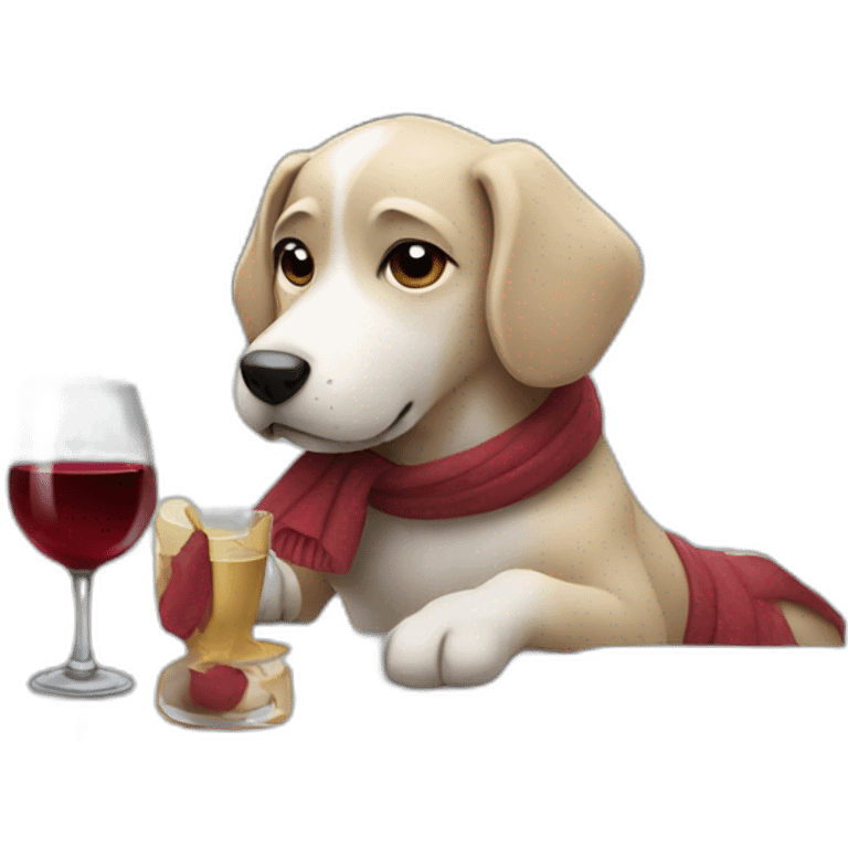 A dog is drinking wine on a table in street in a snowy day emoji