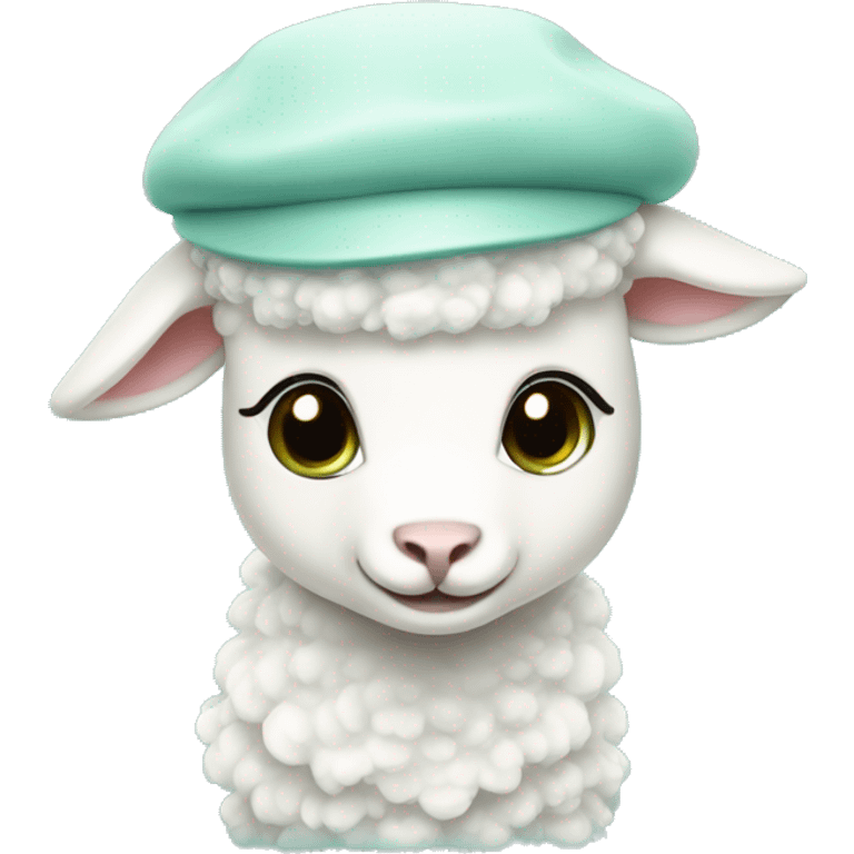 cute little lamb wearing a white beret in aqua green color emoji