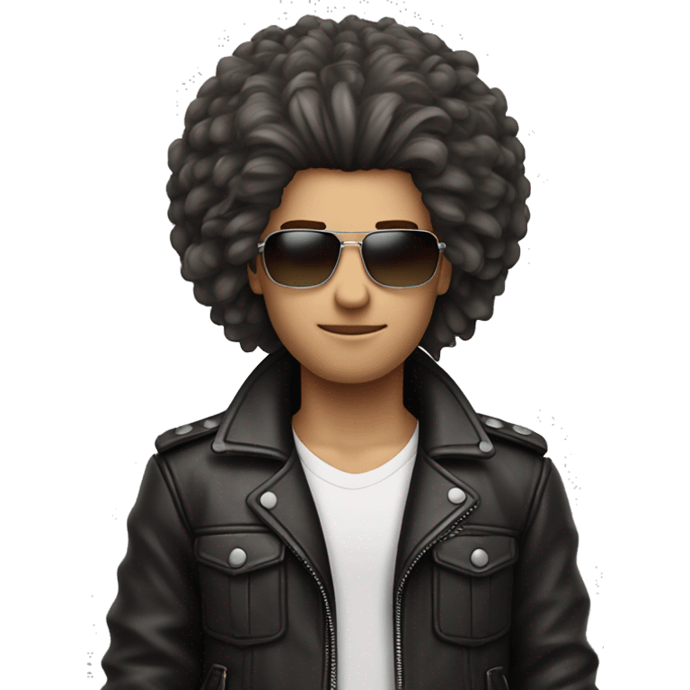 Big hair straight, white face colour, slender face, eyes look like as he’s high, cool leather jacket with cargo pants and accessories emoji