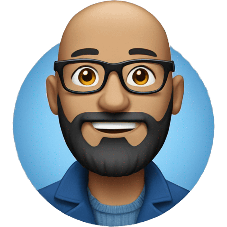 Bald man smiling with glasses and a big, bushy black beard. Wearing a blue coat emoji