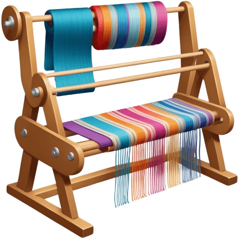 Weaving icon, loom with colorful fabric being woven, visible shuttle, spools of yarn, fabric swatches, sewing patterns, and finished clothes, minimalistic style, clean lines, transparent background. emoji