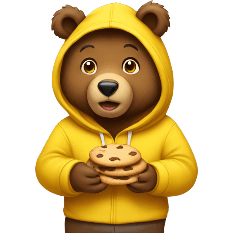 brown bear wearing a yellow hoodie and eating a cookies emoji