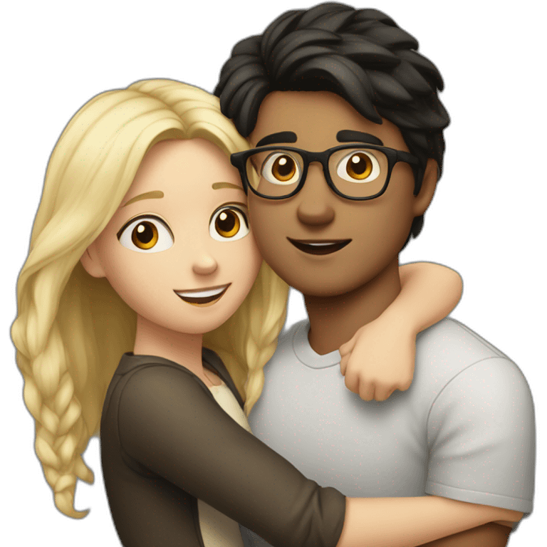 boy with dark hair and glasses hugs a blonde girl emoji