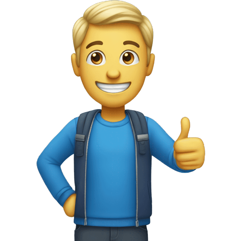 happy guy with blue clothes shows thumbs up emoji