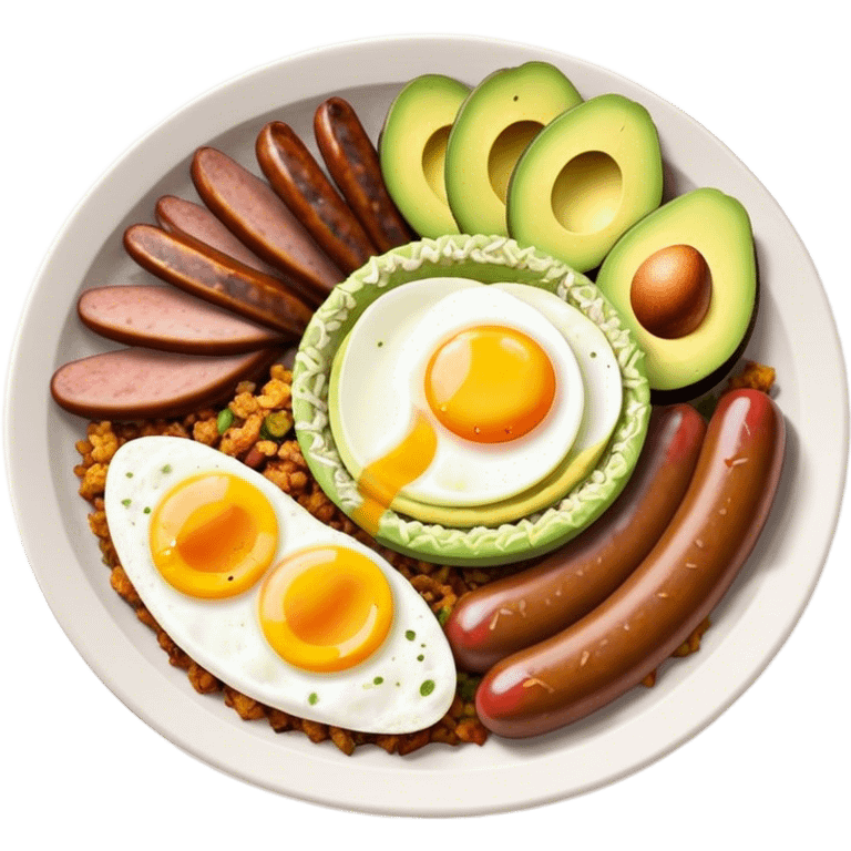 Bandeja Paisa Cinematic Realistic Bandeja Paisa Dish Emoji, depicted as a hearty platter featuring rice, beans, avocado slices, one sausage, a perfectly cooked egg, and crispy pork crackle, rendered with vivid textures and robust, inviting lighting. emoji