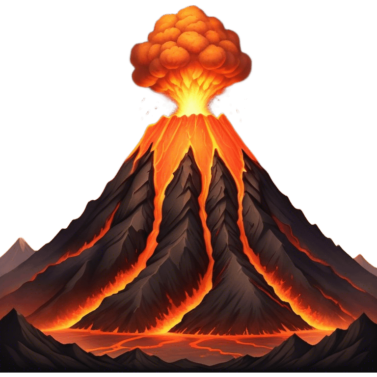 Cinematic Realistic Volcano Emoji, Powerful and awe-inspiring, with molten lava flowing from its jagged, smoking peak, casting an orange glow in the surrounding darkness. The landscape around it is barren and rocky, with clouds of ash rising into the sky. Soft glowing outline, capturing the essence of raw power and fiery energy in a towering volcano. emoji