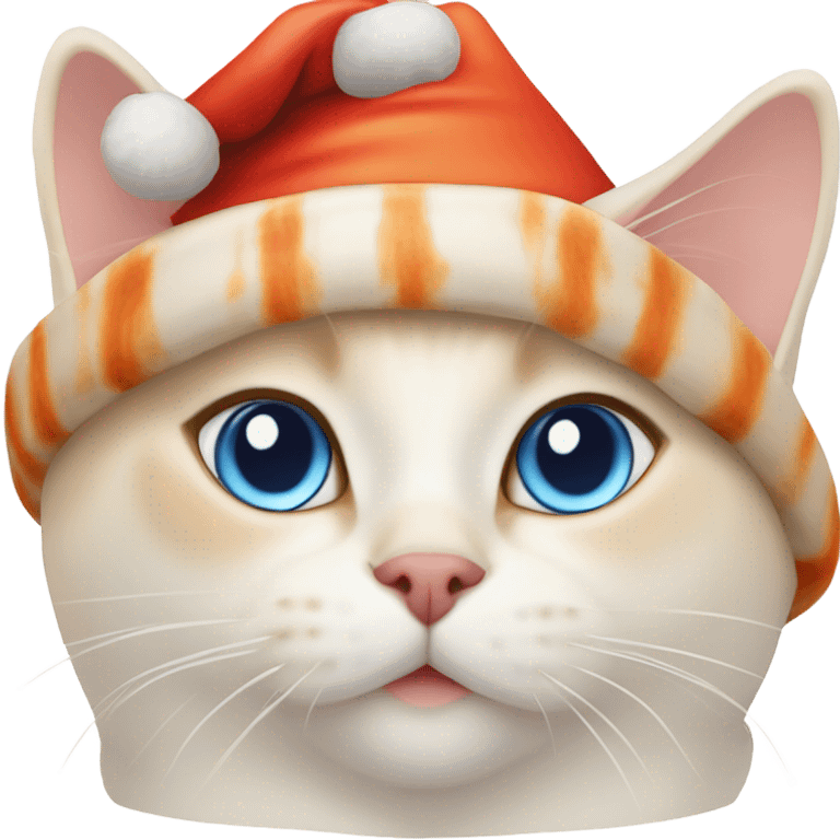 chubby flame point Siamese, white fur with orange accents and blue eyes wearing a red christmas hat  emoji