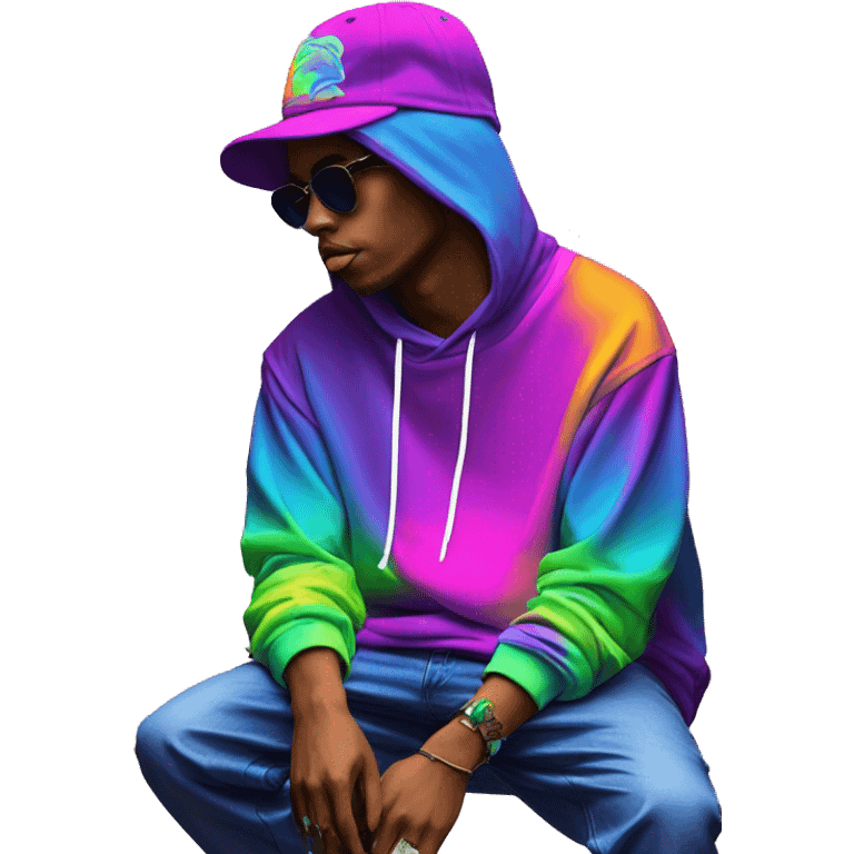 Multicoloured neon person smoking wearing hoodie dancing hip hop bucket hat tropical Skater fashion aesthetic baggy clothes graphic t shirt 420 emoji