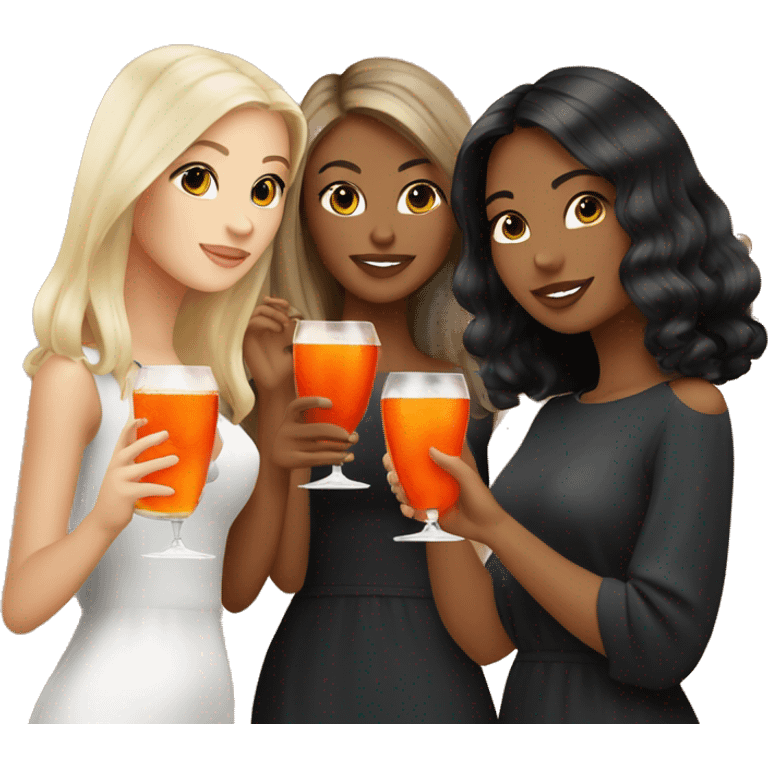 Three beautiful girls (brown, blond and black Hair) drinking aperol   emoji