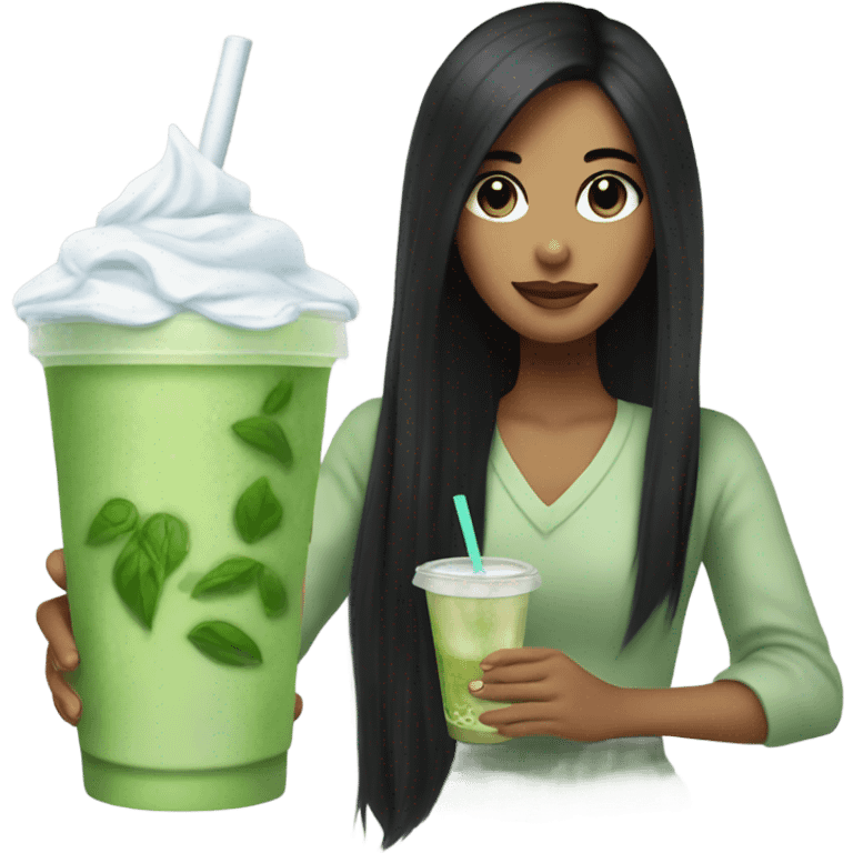 female with long black hair holding an iced matcha emoji