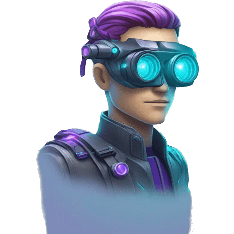 Secret human agent with  cyberpunk elements with a spyglass scanning looking reviewing multicolor lines of code, cyan and purple colors, only upper body portrait emoji