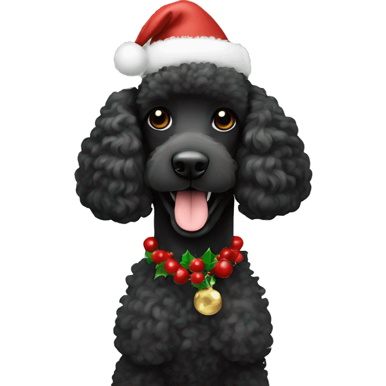 Black poodle with Christmas hat and holly emoji