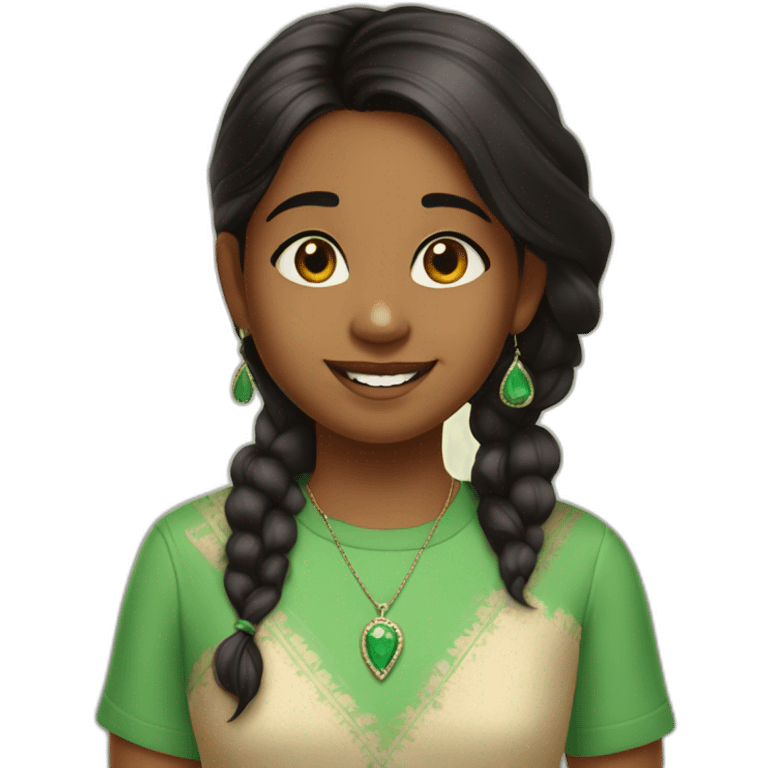 brown skinned black hair indian girl wearing a green shirt that says fifth grade with stud earrings and a necklace that says nila in cursive emoji