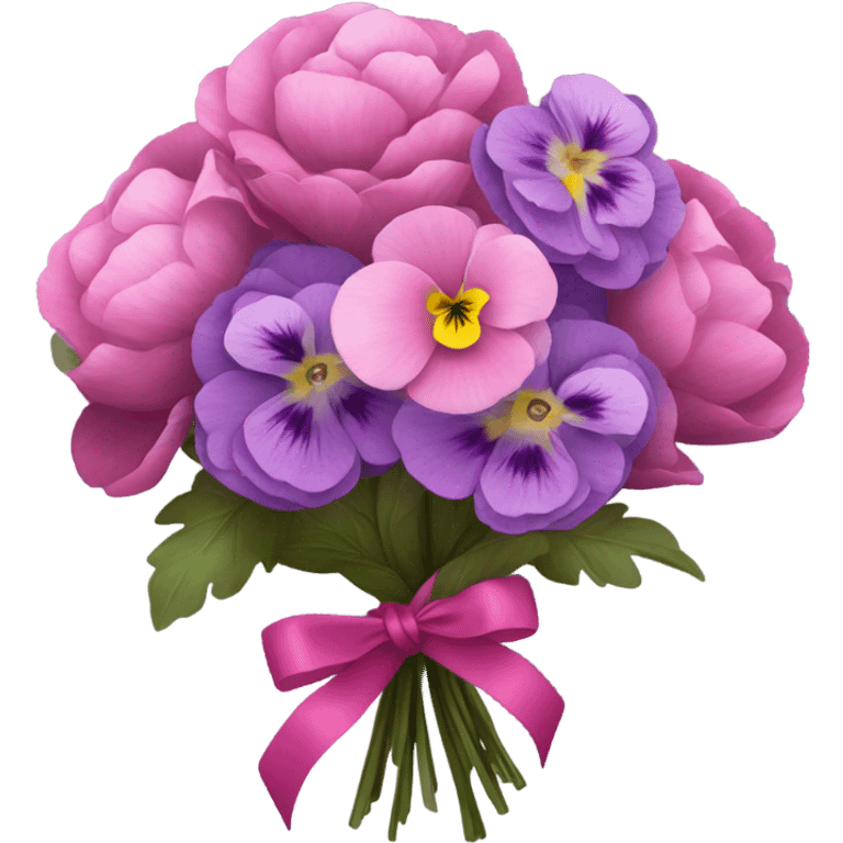 Bouquet composed of pink pansies, violet peonies tied with a dark pink ribbon and in the background purple butterflies emoji