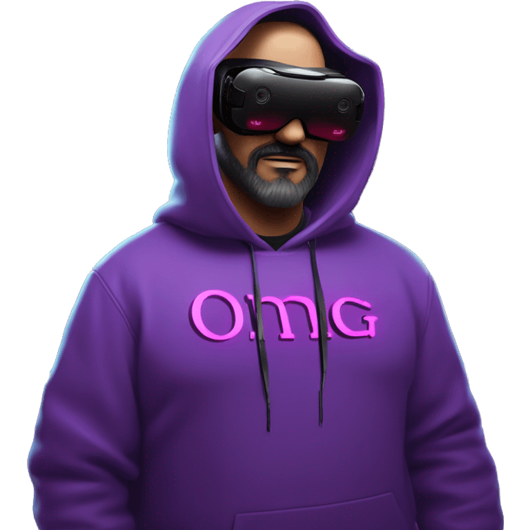 Big Lebowski wearing a black hoodie with "OMG" letters on it and VR headset oculus quest 2 in a cyberpunk VR environment with violet neon lighting. emoji