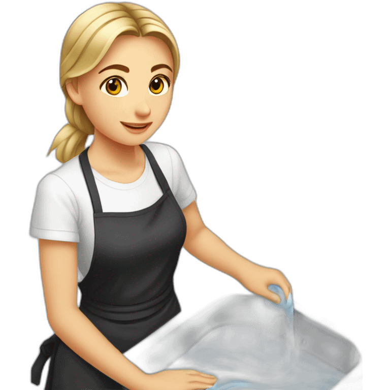 Slavic girl washes the floor in a white T-shirt and a black apron emoji