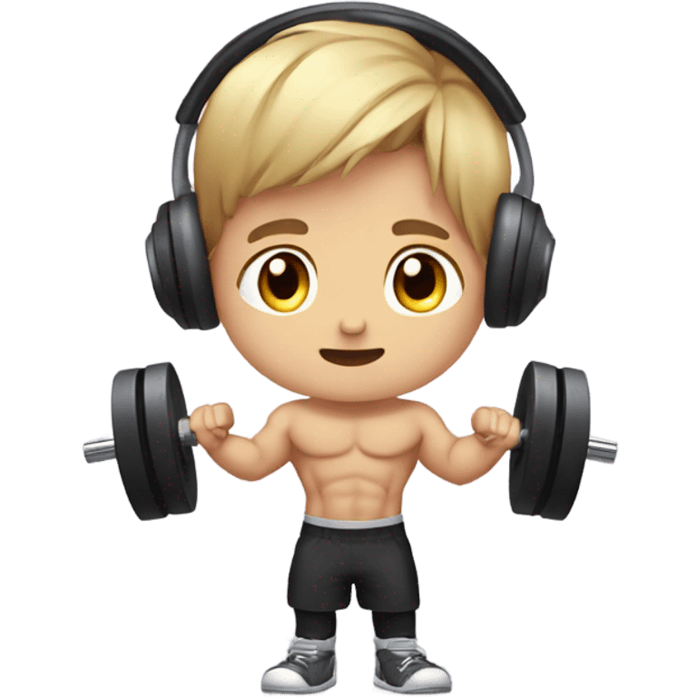 cute boy, dumbbell, headset, muscle, lovely emoji