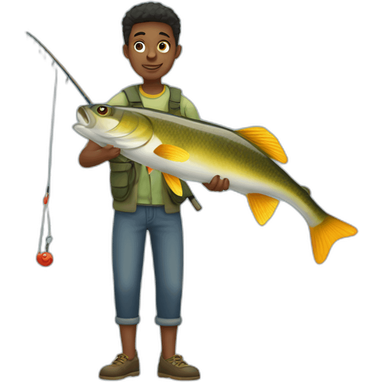 Young man fishing a big fish emoji