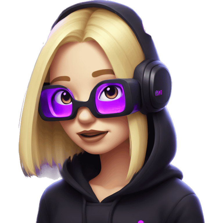 Russian cute blond girl wearing black hoody with violet letters "OMG", in vr headset. Cyberpunk style. Violet neon. emoji