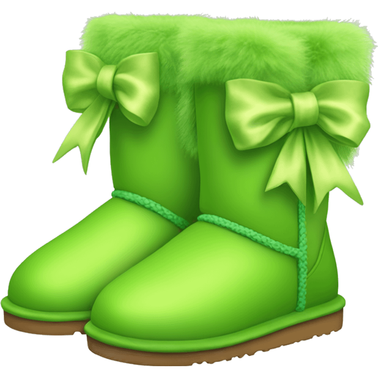 Realistic Pair of lime green fur Ugg boots with green silk ribbon bow. emoji