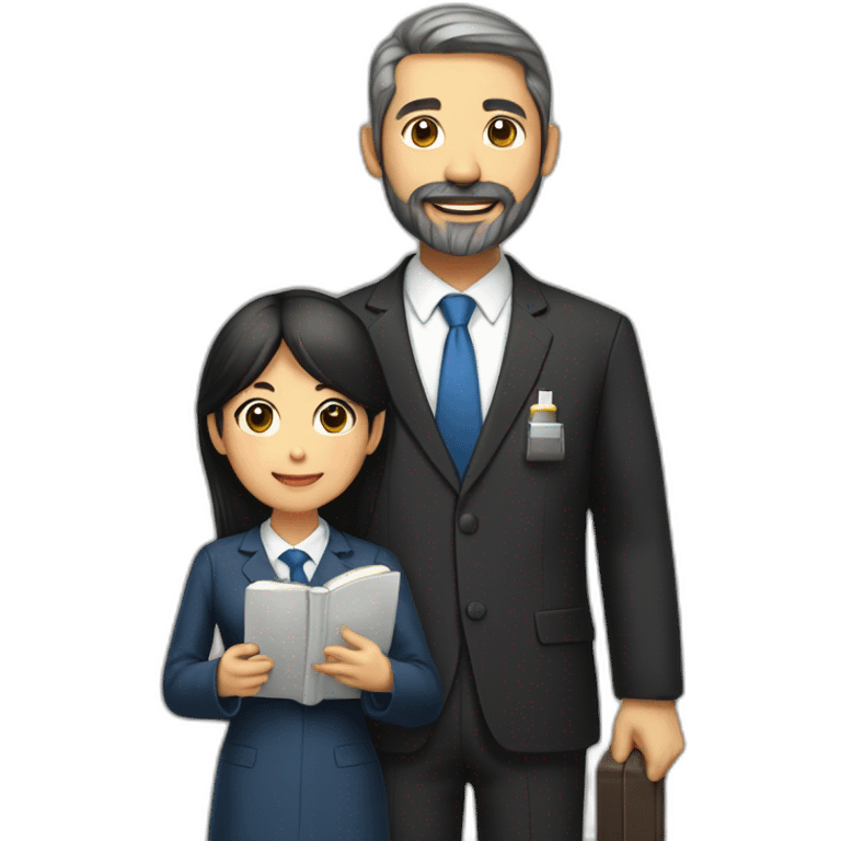 husband american age 55 trimmed beard wearing dark business suit holding bible together, wife asian age 55 wearing nurse uniform, no children emoji