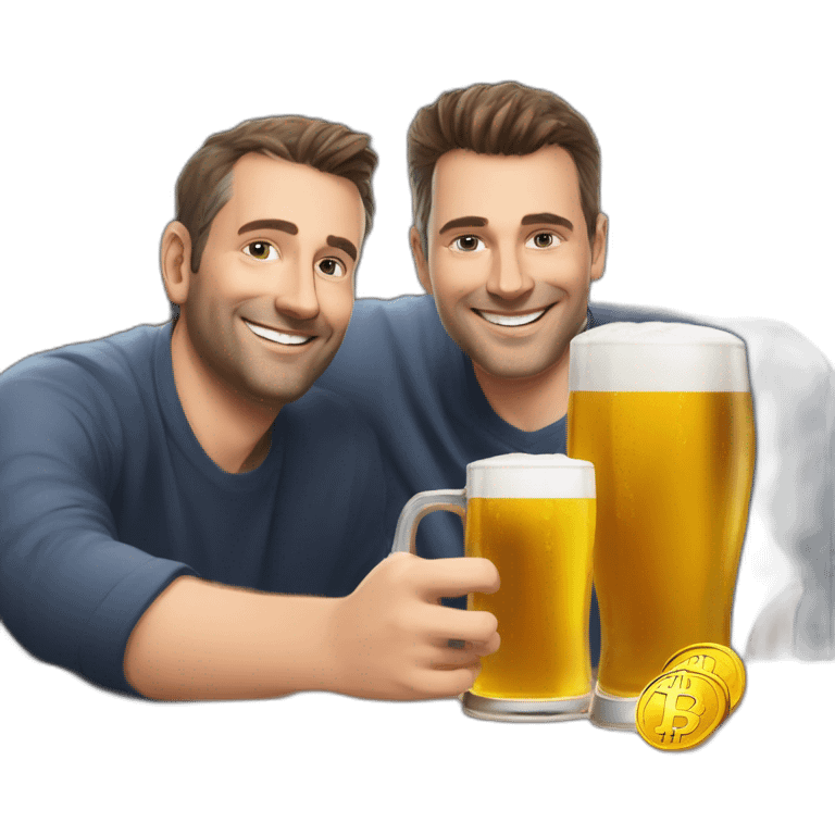 Ceo of coinhouse Nicolas louvet and ceo of cube3 Valentin Demé drinks a beer with bitcoin around him emoji