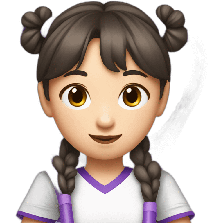 a little chinese girl wearing a white nike shirt with two pig tails hair style hugging a purple tennis racket to her chest in paper art style emoji