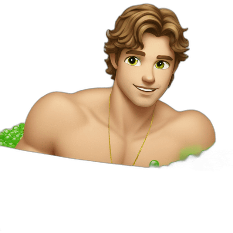 Posh-muscle-boy-brown-hair-green-eyes-pearl-necklace-in-golden-bathtub emoji