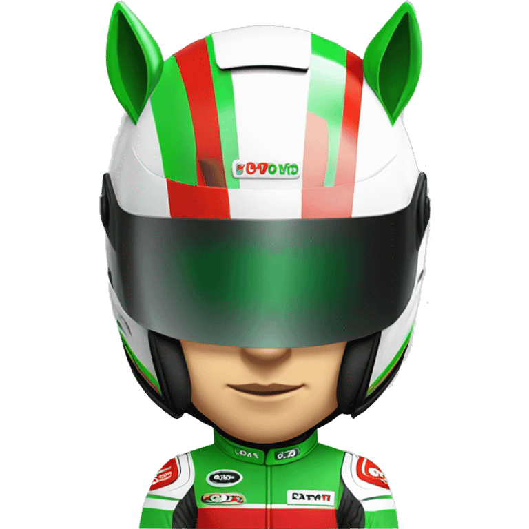 unicorn race driver with green white and red full face helmet emoji