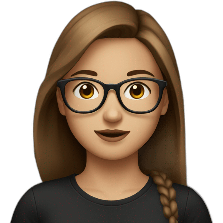 Pretty girl with brown  hair wearing  black eye glasses and a a black t shirt emoji