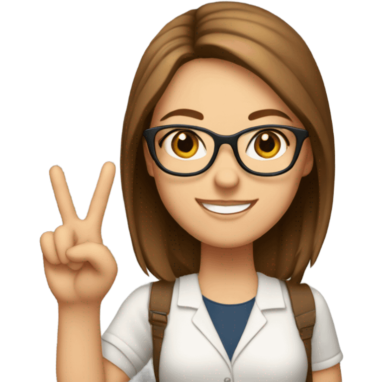 White girl brownish hair wearing glasses holding up a peace sign emoji