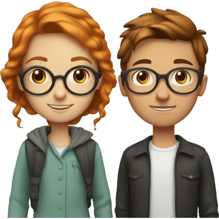 a girl and a boy, next to each other, learning. the girl is ginger and has round glasses and the boy is brunette and has round glasses. they are both white in complexion emoji