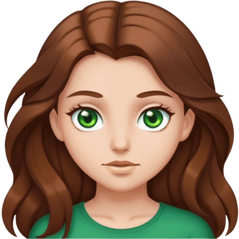 Girl with brown long hair, middle hair part, green eyes emoji