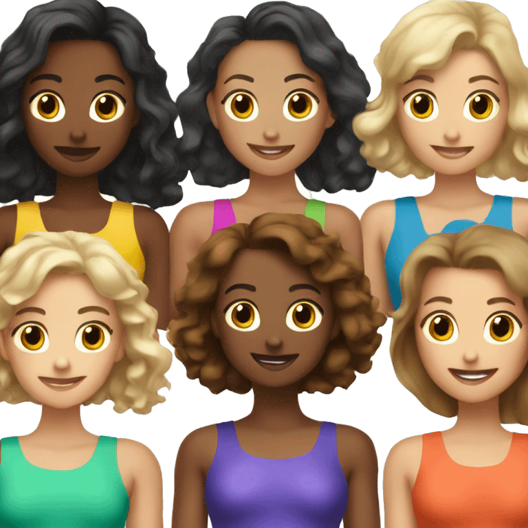 Nine girls friends group wearing different color leotards emoji