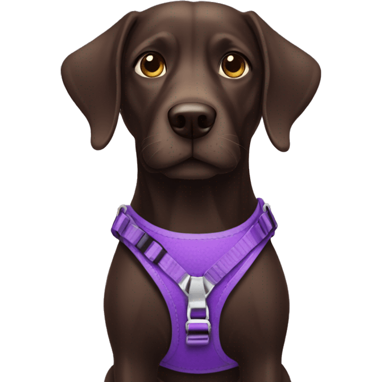 Dark brown dog wearing purple harness emoji