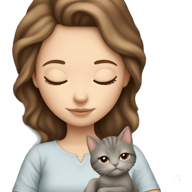 White girl brown hair sleeping with light grey kitten emoji