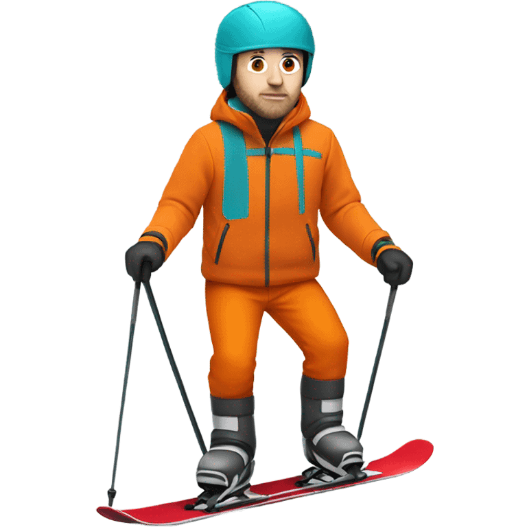 white man skiing wearing an ORANGE JACKET and a RED HELMET and wearing TURQUOISE PANTS emoji