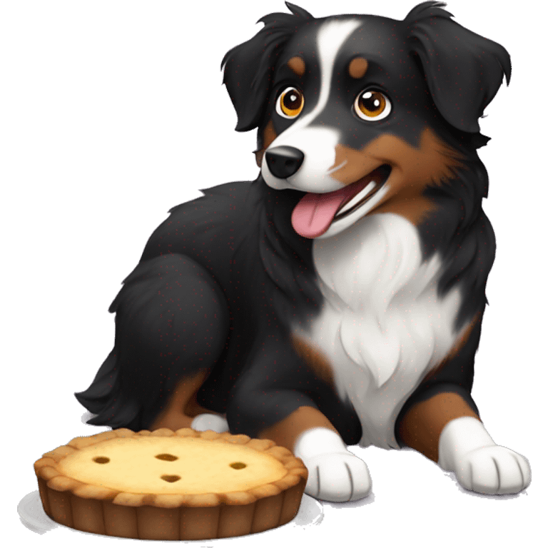 Small black australian shepherd dog eating pie  emoji