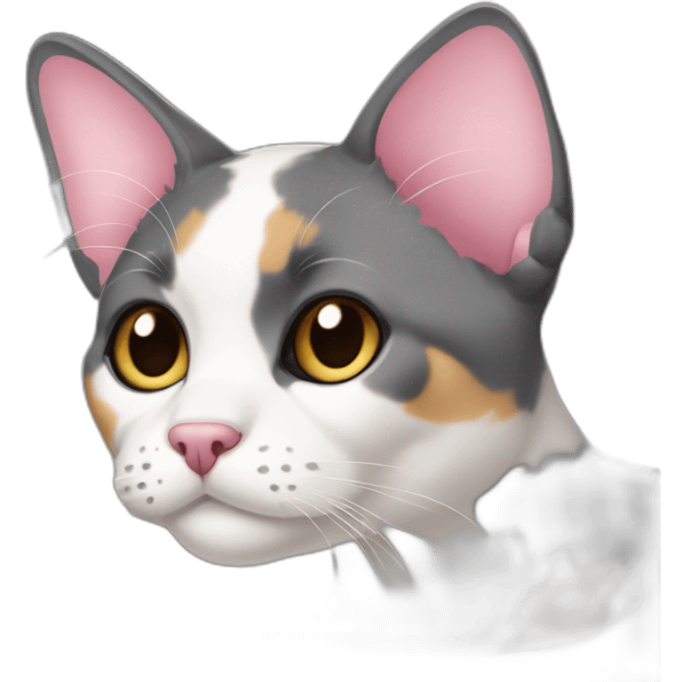 older diluted calico, white chin, black and pink nose, mostly dark grey, dark grey ears emoji