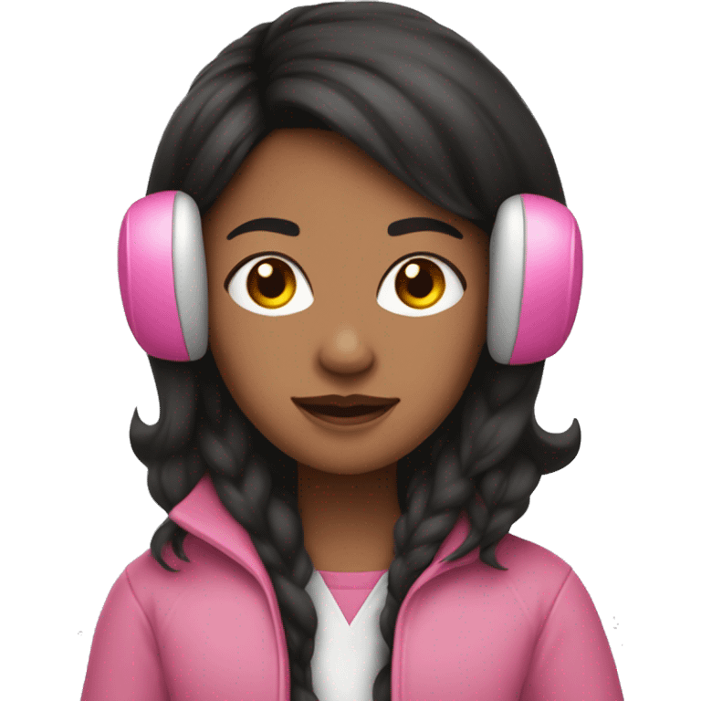 Long black hair brown skin Girl with pink earmuffs and pink coat on  emoji