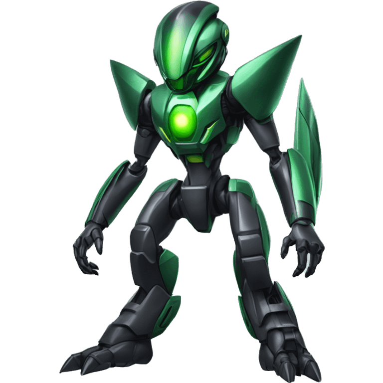 a shiny black-green Genesect-Raptor-Fakémon-Medabot-hybrid with a futuristic visor-helmet full body emoji