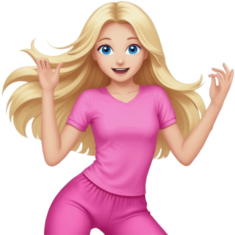 Pretty Blonde with long hair model, blue eyes In pink clothes super excited and happy dance emoji