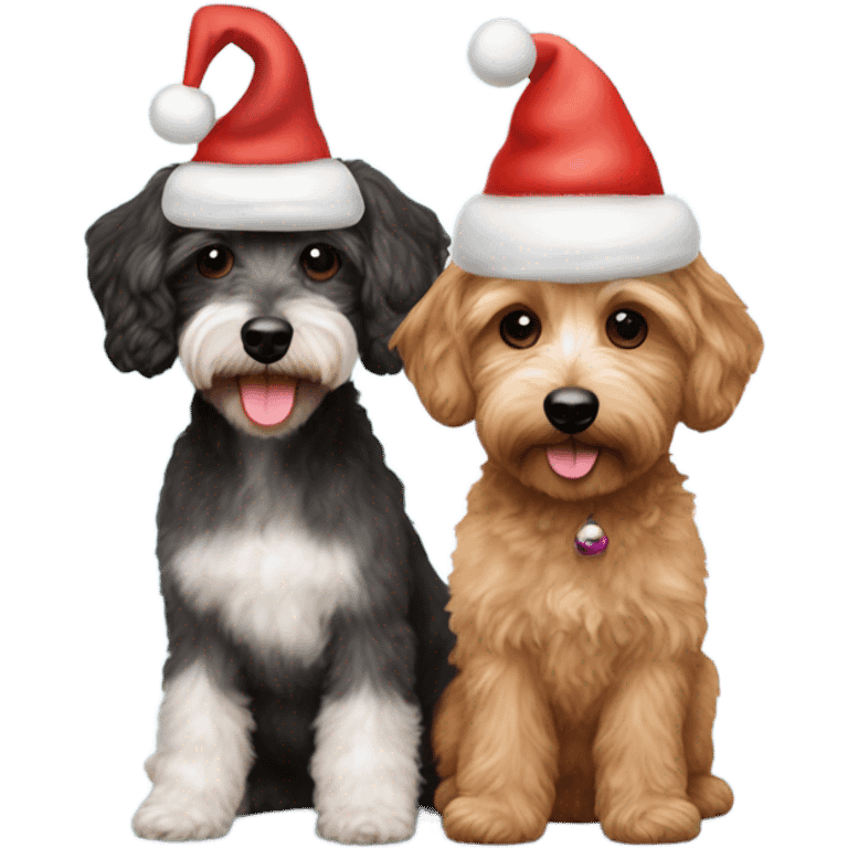 Schnoodle and cavapoo with Christmas hats emoji