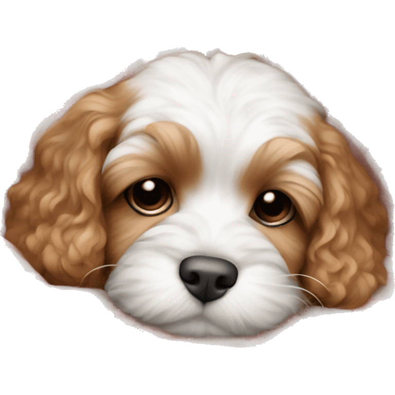 white and red cavapoo puppy sleeping with a blanket emoji