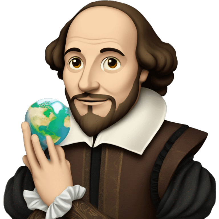 William Shakespeare holds the earth in his hands emoji