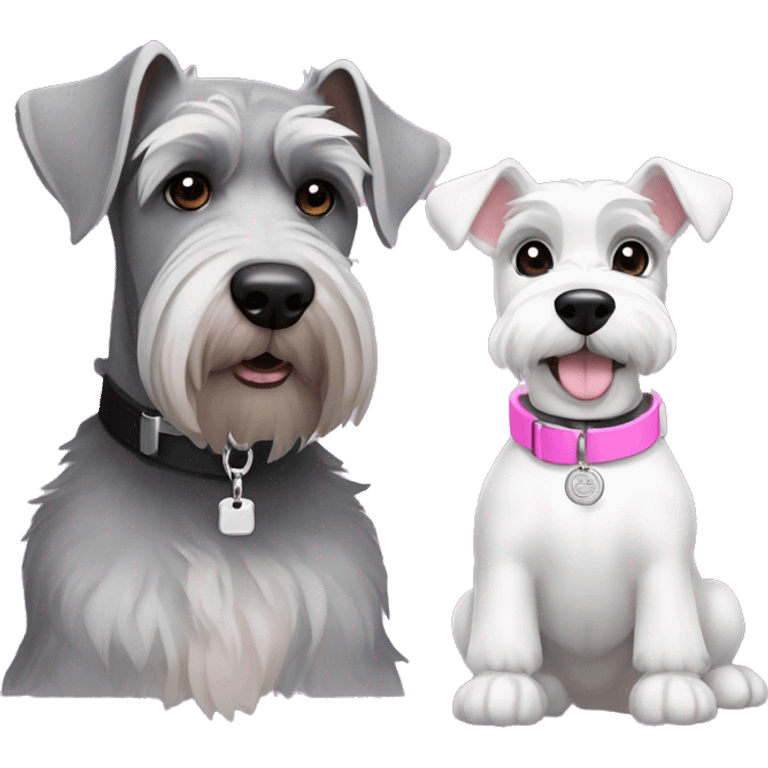 A big gray schnauzer with dark eyes wearing a black collar with a silver dog tag next to a small all white puppy schnauzer wearing a pink collar  emoji