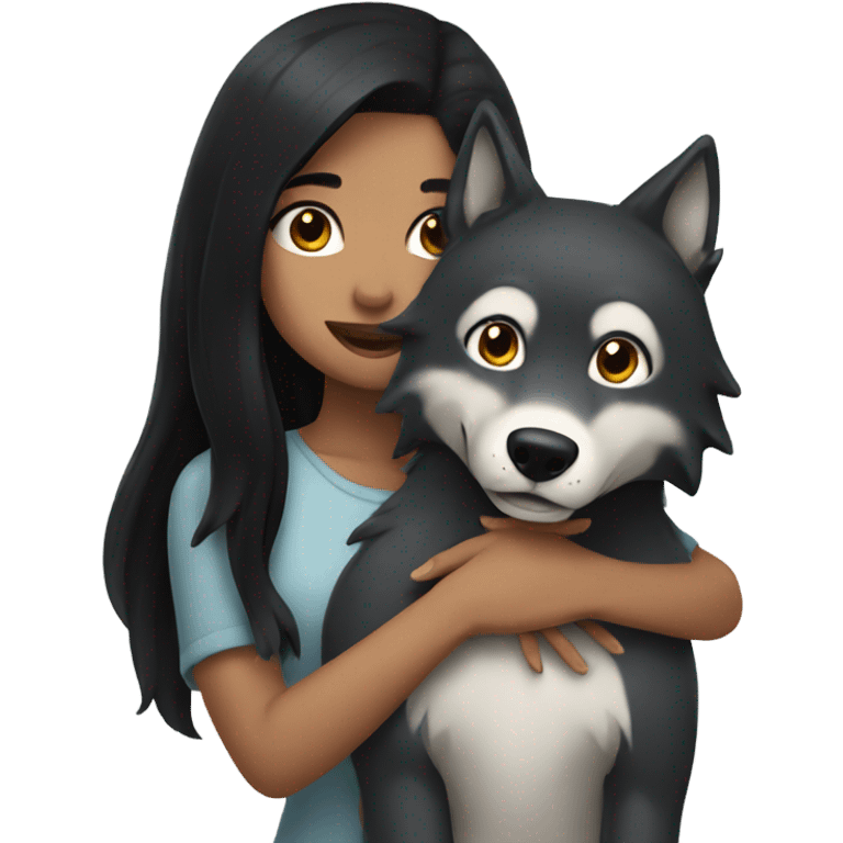 Girl with black hair hugging a wolf emoji