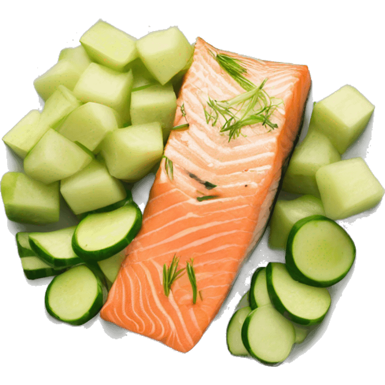 Salmon  chunks with leek and zucchini on a plate  emoji