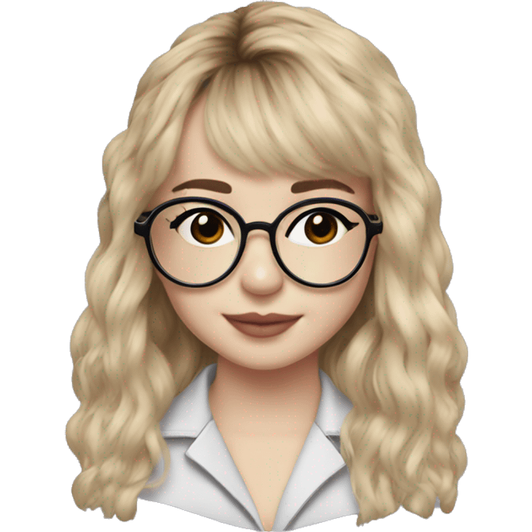 Sabrina carpenter  with clear aviator-style glasses with bang emoji