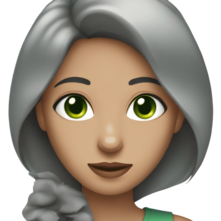 Woman with green eyes holding a grey cat emoji